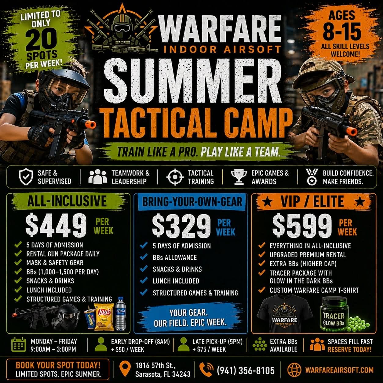 Official Warfare Summer Tactical Camp 2026 flyer with pricing tiers