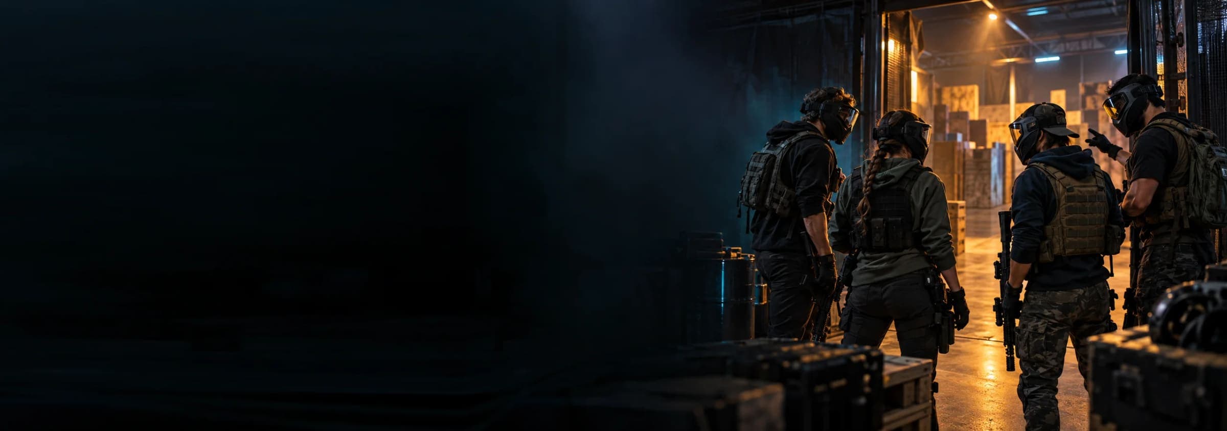 Squad of masked players in plate carriers gathering at the entrance to the lit arena